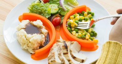 Image of a plate divided for portion control: half with vegetables, a quarter with lean protein, and a quarter with whole grains