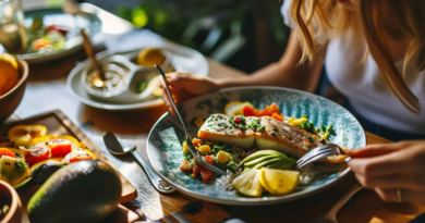 Mindful Eating- A close-up of a colorful, balanced plate with various textures and fresh ingredients, highlighting the mindfulness approach to choosing and enjoying food