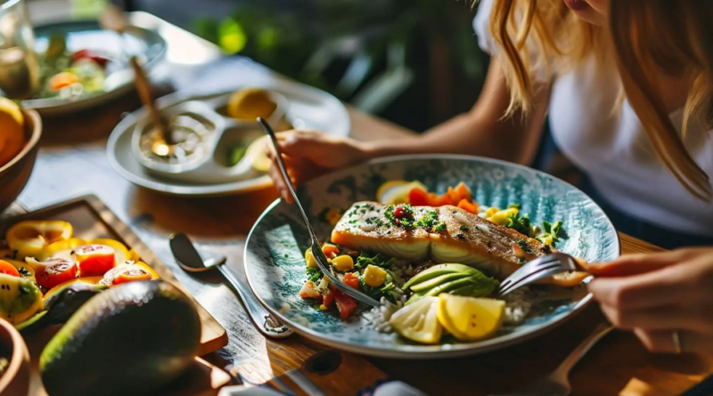 Mindful Eating- A close-up of a colorful, balanced plate with various textures and fresh ingredients, highlighting the mindfulness approach to choosing and enjoying food